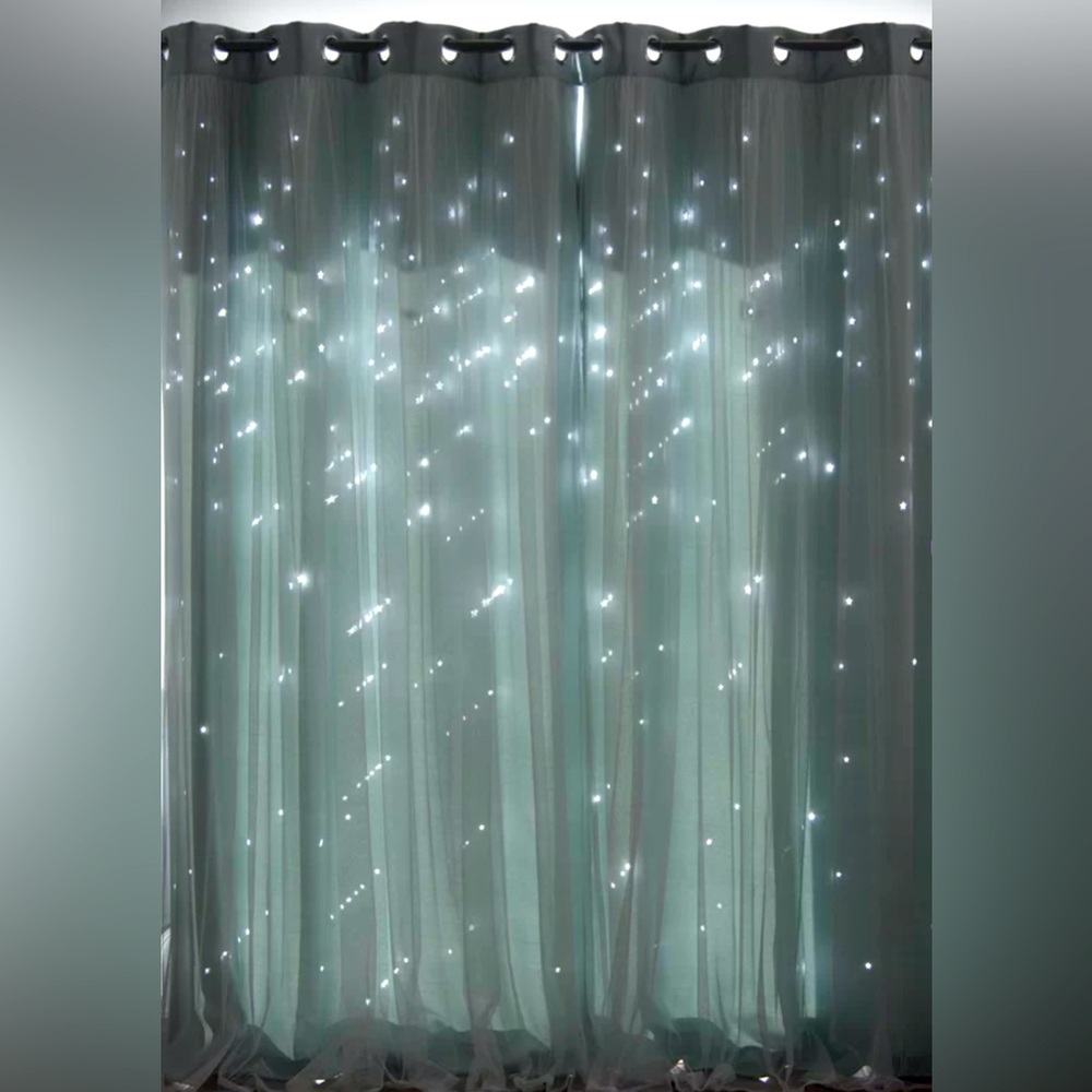Tulle Overlay Star Cut Out Solid Room Darkening Grommet Curtain Panels.